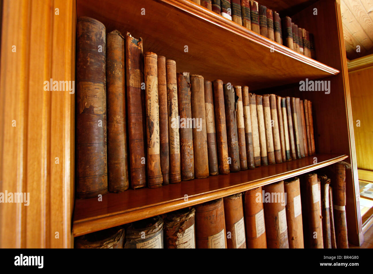 Shelves with Leather Bound Porto Distillery Records from 1900 Stock Photo