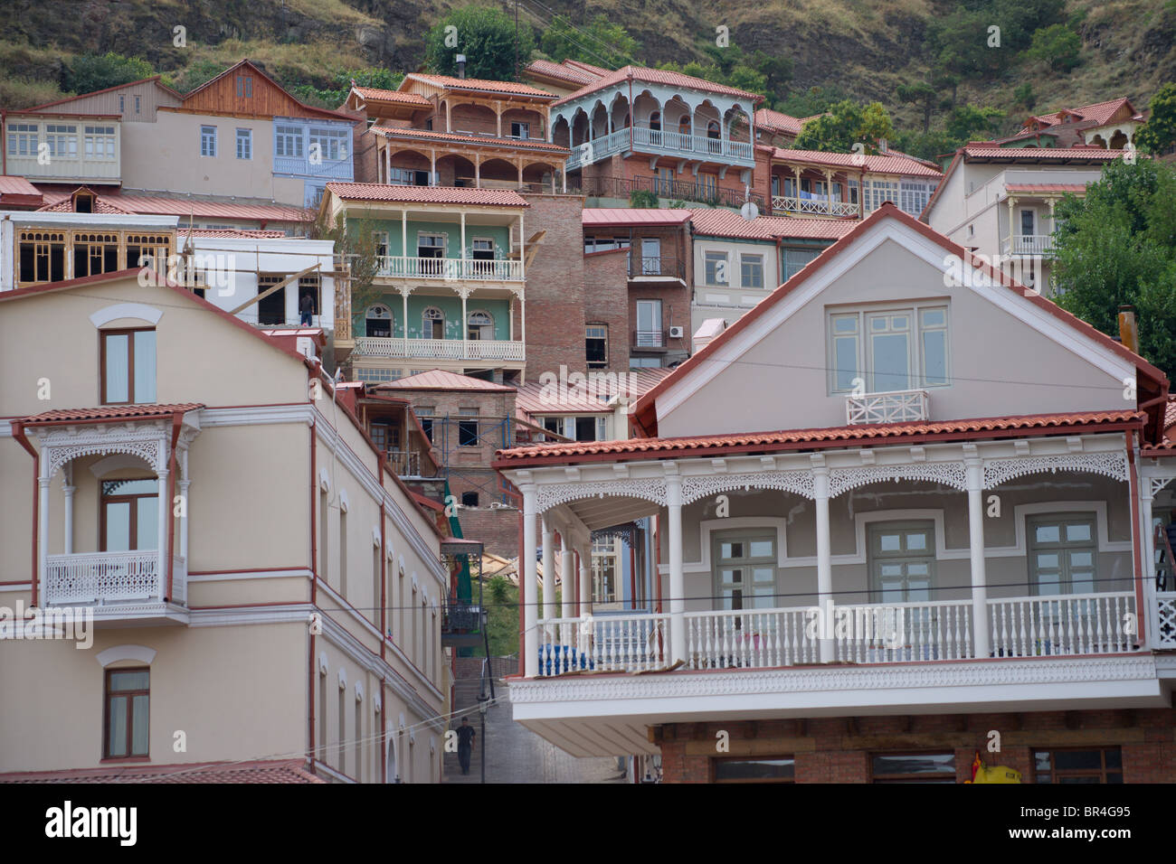 old houses with wooden balconies in Tbilisi, Georgia, Caucasus Stock Photo