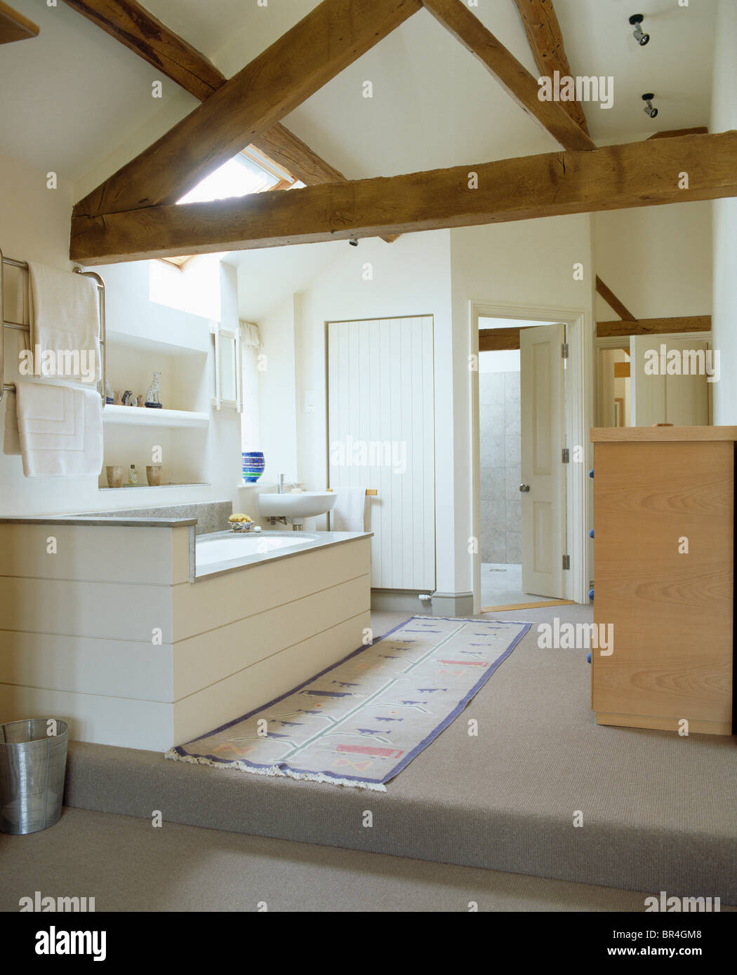 Beamed Apex Ceiling In Modern White Country Bathroom With