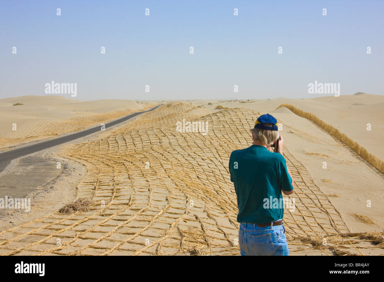 Western tourist photpgrahing reed made fence holding sand to prevent desertification, Aksu, Xinjiang, China Stock Photo