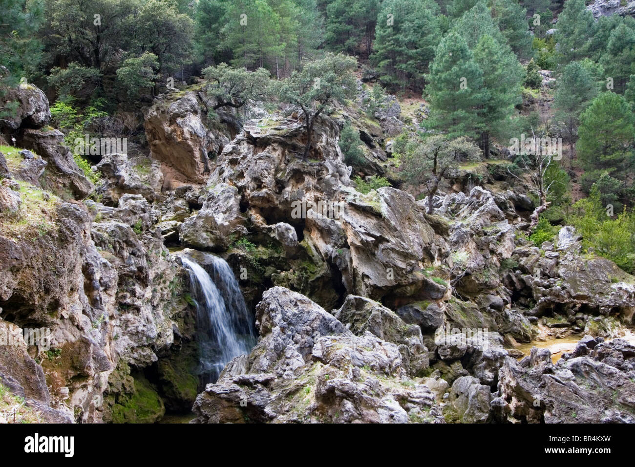 Beautiful scenery of a waterfall on a rocky mountainside, Cazorla National Park, Jaen Province, Andalucia, Spain Stock Photo