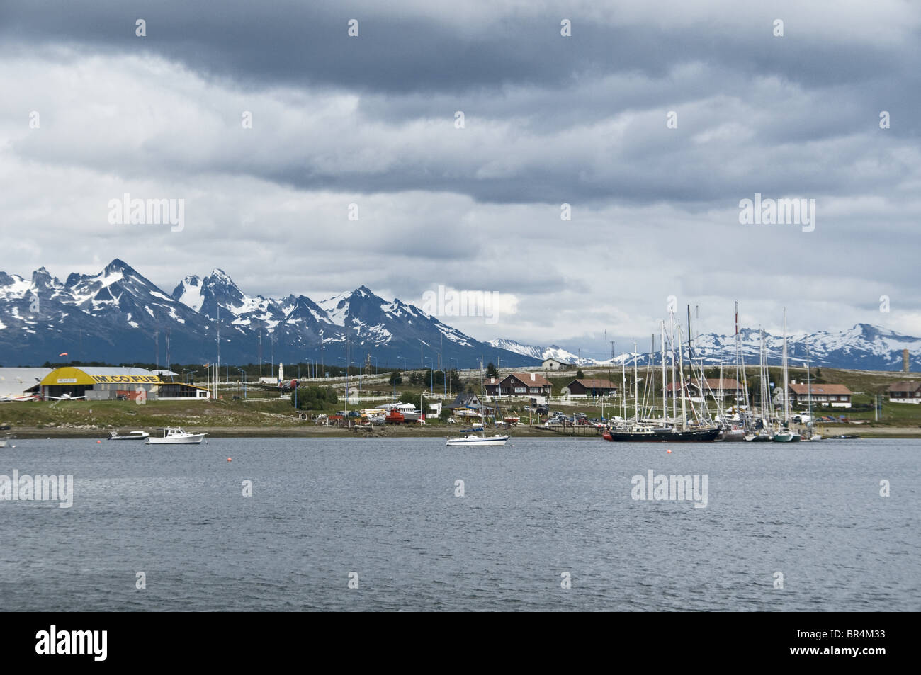 View of Ushuaia with marina, Tierra del Fuego, Argentina Stock Photo