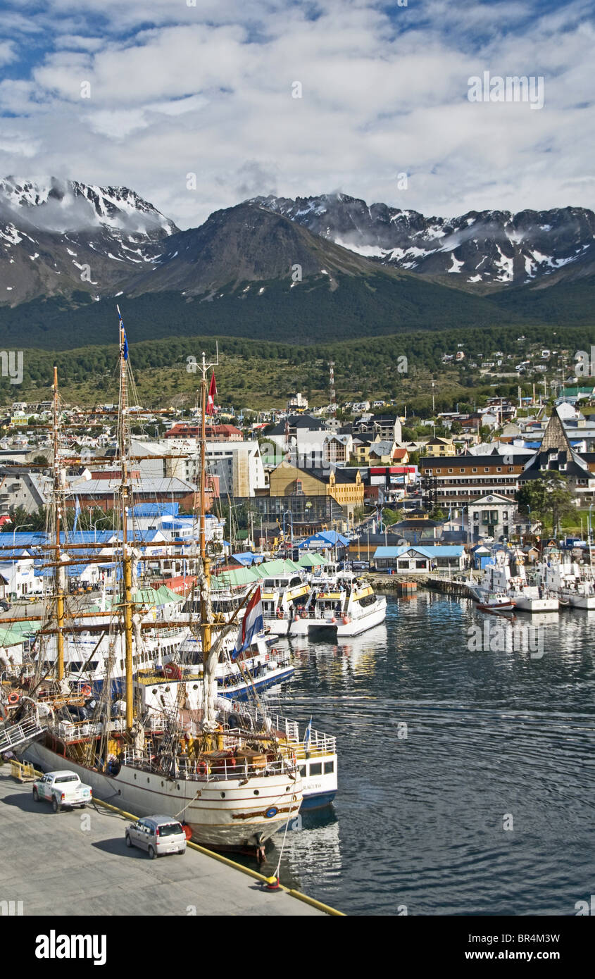 View of Ushuaia with harbor, Tierra del Fuego, Argentina Stock Photo