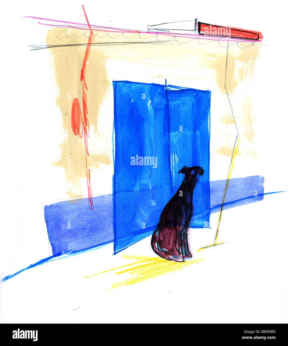 Watercolour painting of dog sitting in front of door Stock Photo