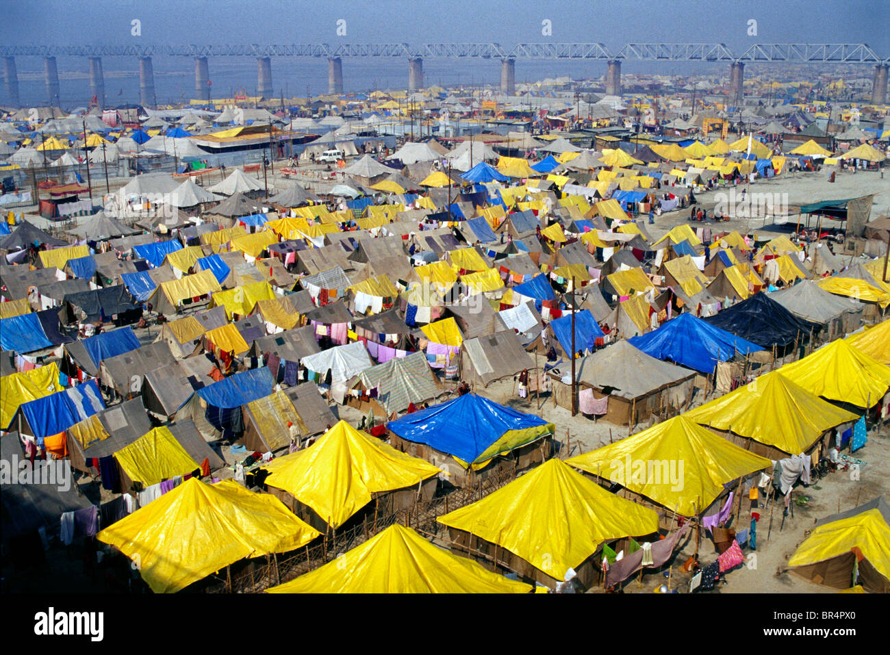 Pilgrims' tents in Kumbha Mela grounds at the Ganges bank, Allahabad, India. Stock Photo