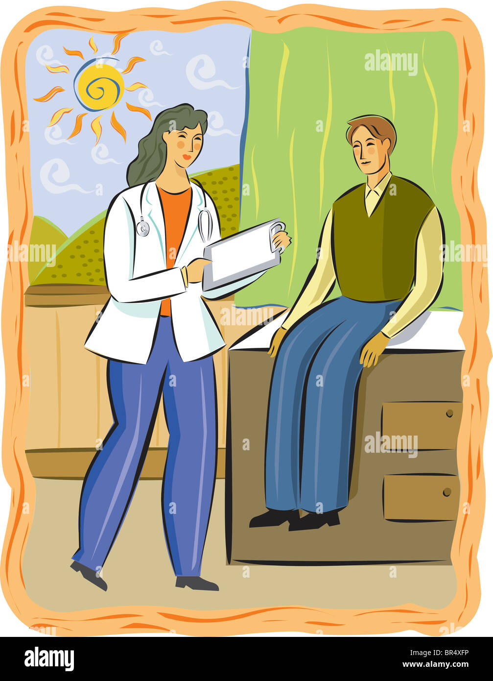 A female doctor talking to a male patient Stock Photo