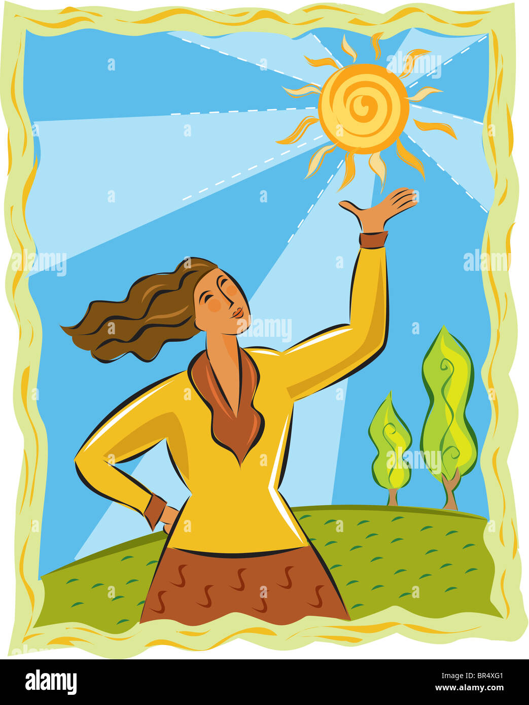 A woman holding up the sun Stock Photo