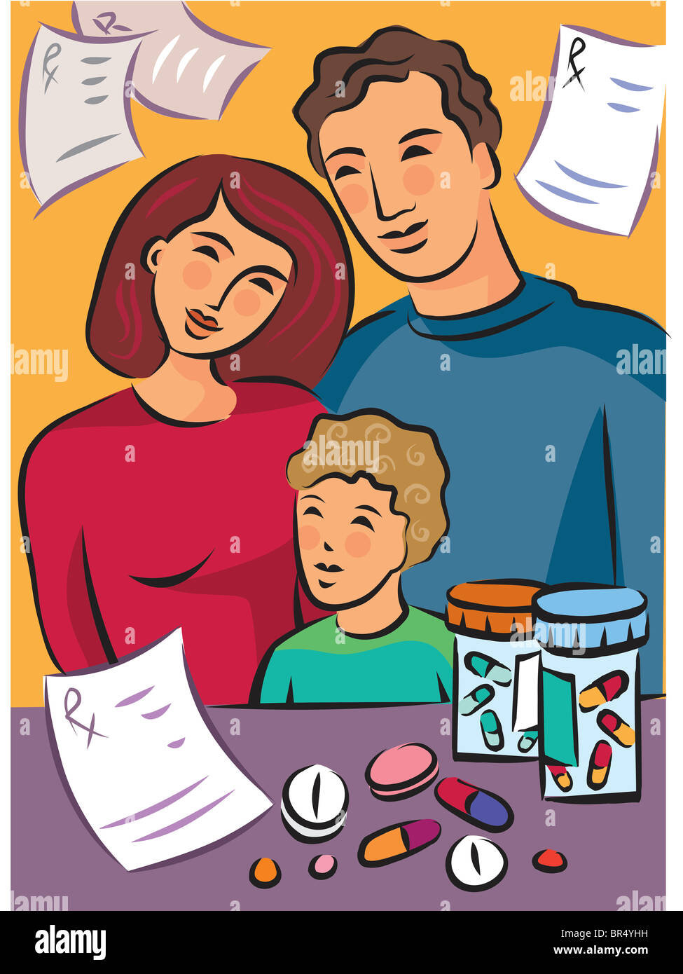 A family standing near medicines with prescriptions in the background ...