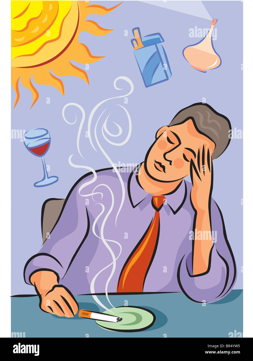 Illustration about migraine triggers showing a man with headache, a bright  sun, cigarette smoke, red wine and perfume Stock Photo