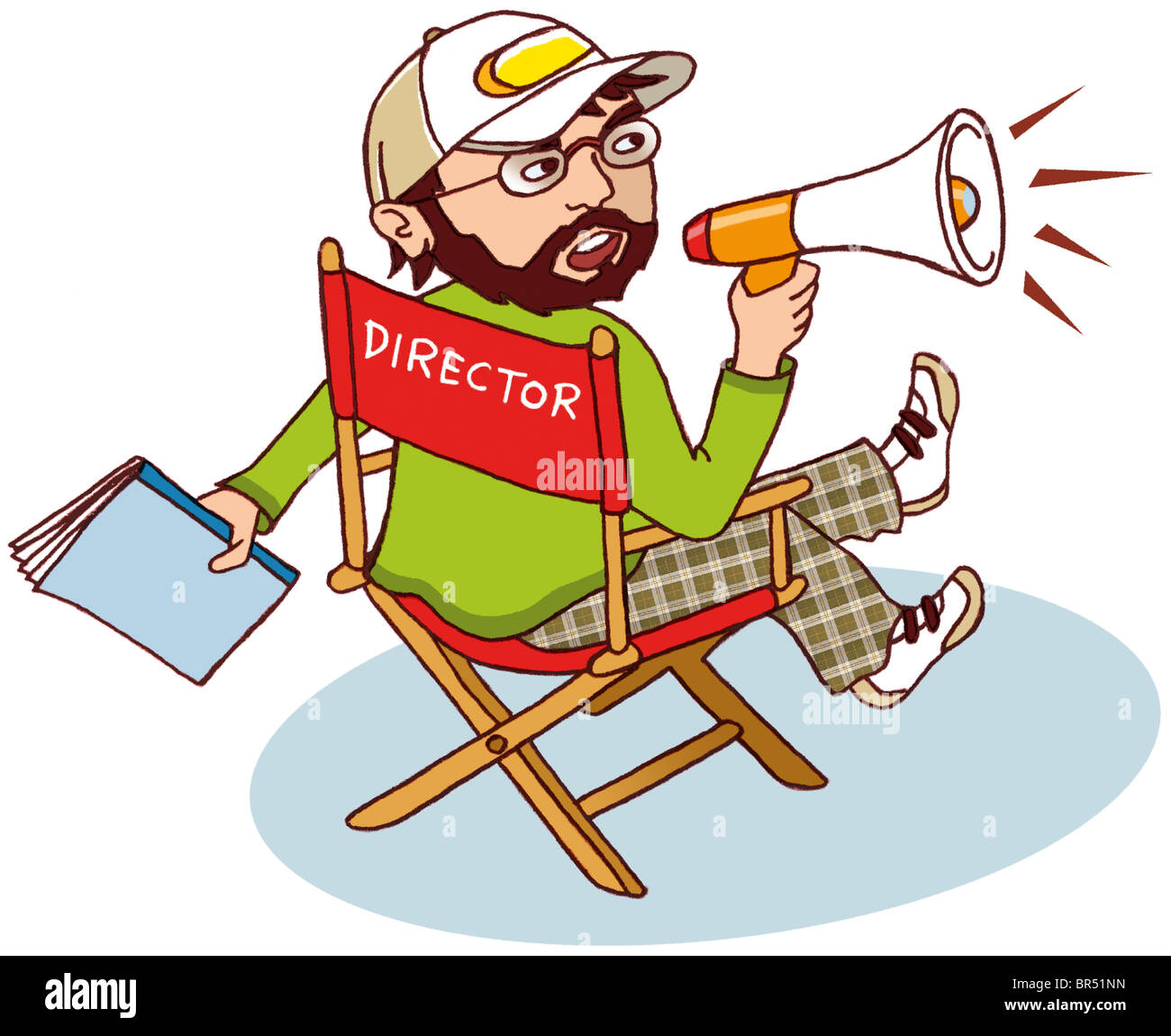 A man in a directors chair shouting through a blow horn Stock Photo Alamy