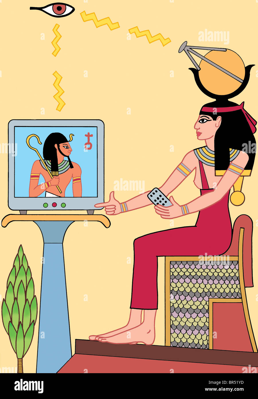 An ancient egyptian watching television via satelite headwear Stock