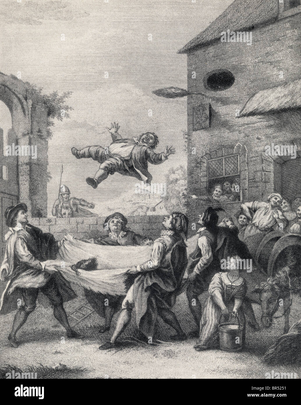Sancho Panza tossed in a blanket by a band of rogues, from Don Quixote De La Mancha by Miguel de Cervantes Saavedra. Stock Photo