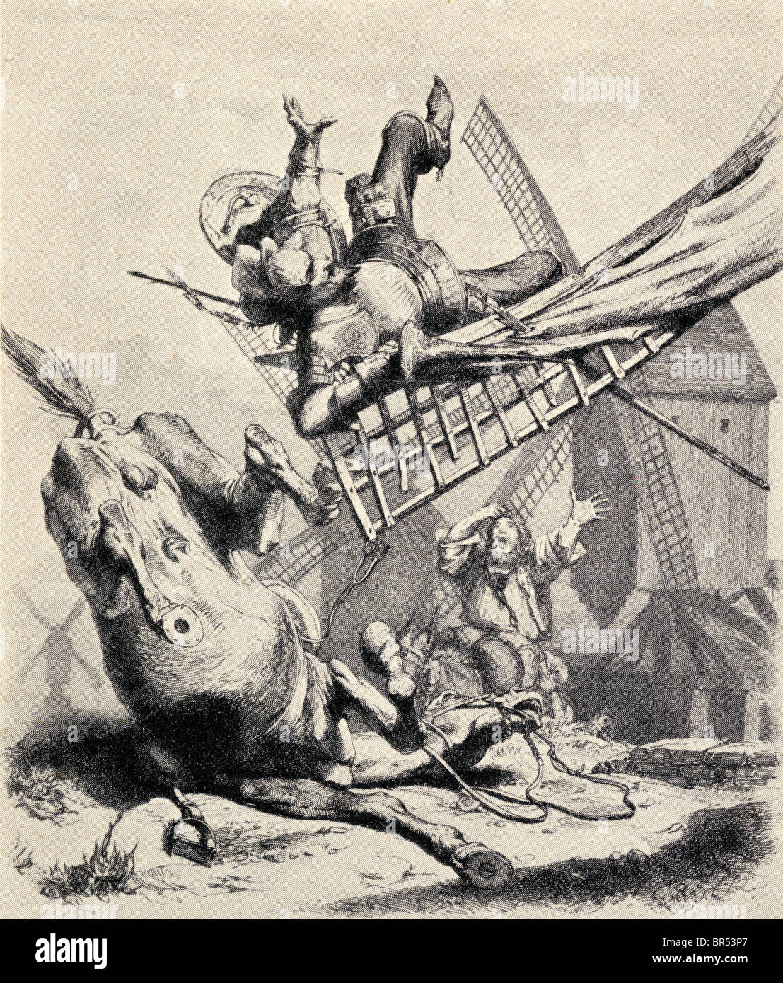 Don Quixote attacking the windmills believing them to be giants, from Don Quixote De La Mancha by Miguel de Cervantes Saavedra. Stock Photo