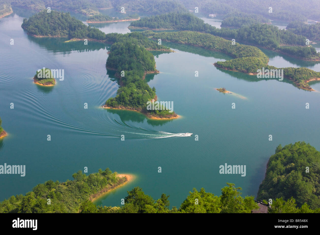 Aerial view of islands in Qiandao Lake (Thousand Island Lake), Jiande, Zhejiang Province, China Stock Photo