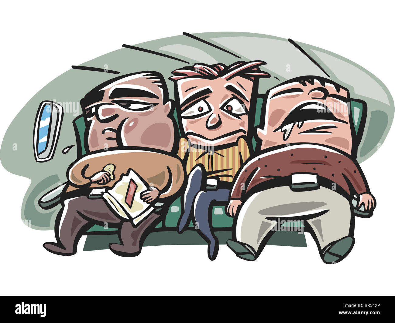 A Thin Man Being Squeezed By Two Fat Men On A Flight Stock Photo Alamy
