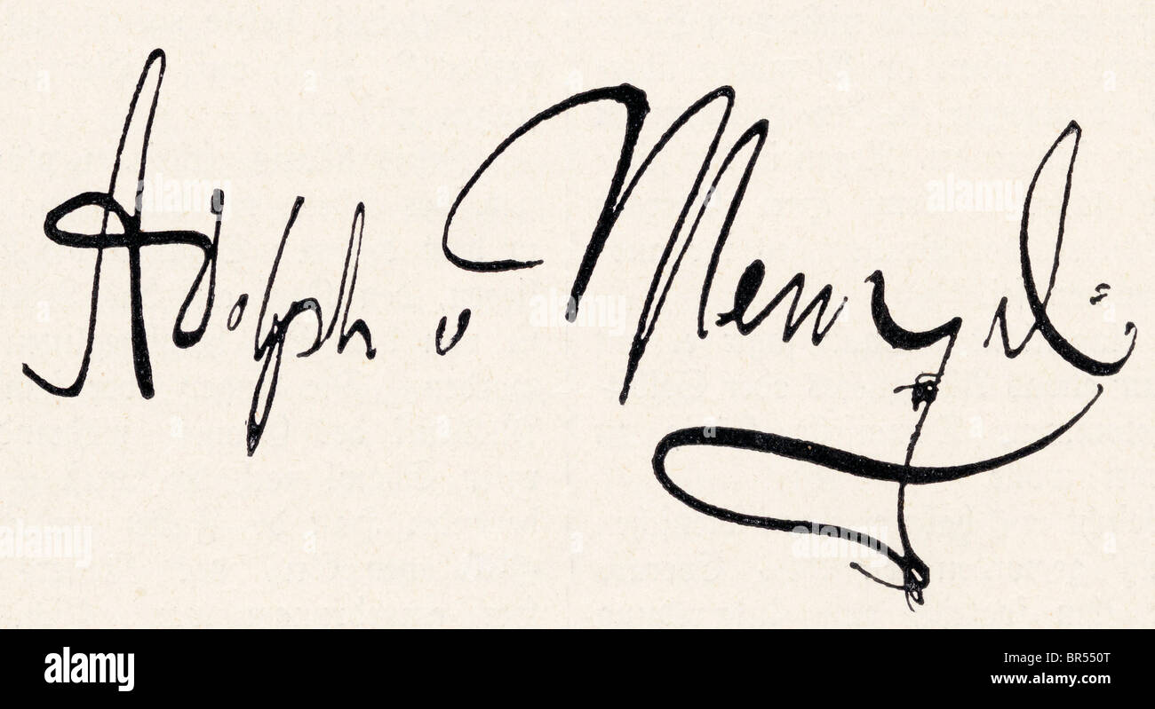 Signature of Adolph Friedrich Erdmann von Menzel, 1815 to 1905. German artist. Stock Photo