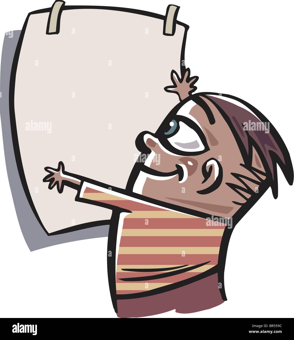 A boy taping a poster to the wall Stock Photo Alamy