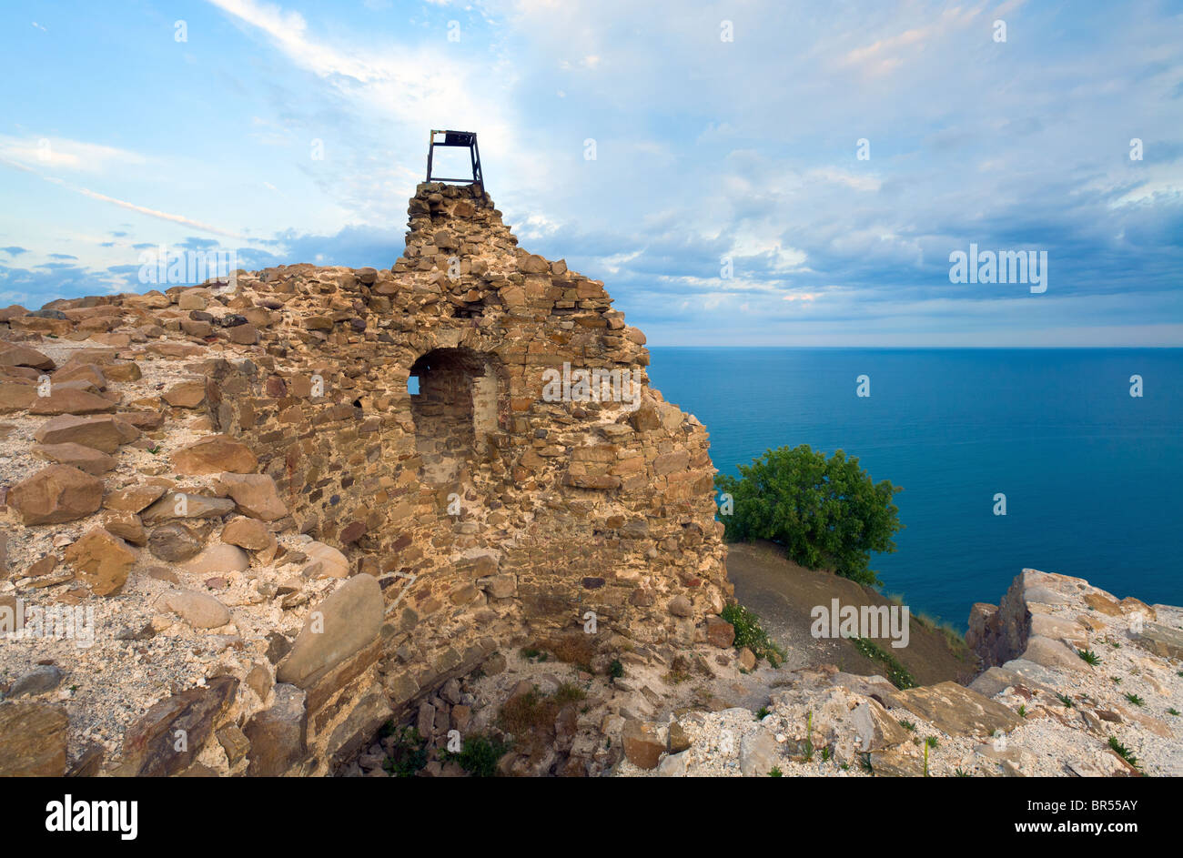 Evening view from ancient watchtower Chaban-Kule (XIV – XV century) at sea surface (Zelenogorye village, Crimea, Ukraine) Stock Photo