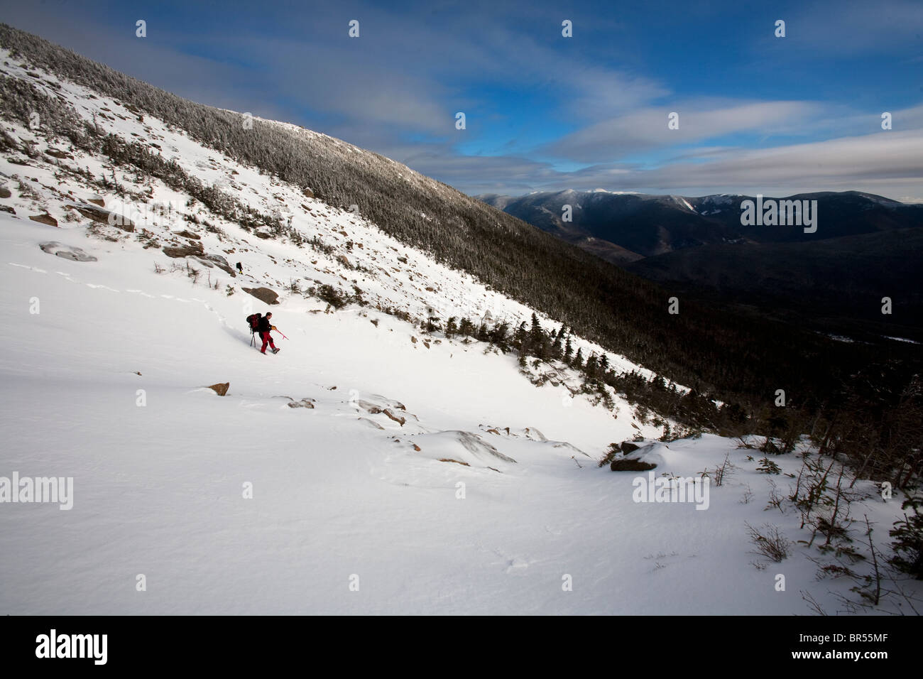 A hiker scours the side of Mount Lafayette during a search and rescue mission for a lost hiker. Stock Photo
