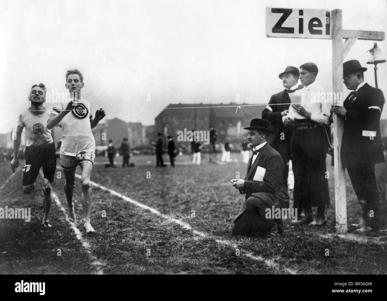 Historic photograph, athletes arriving at the finish line, around 1912 Stock Photo