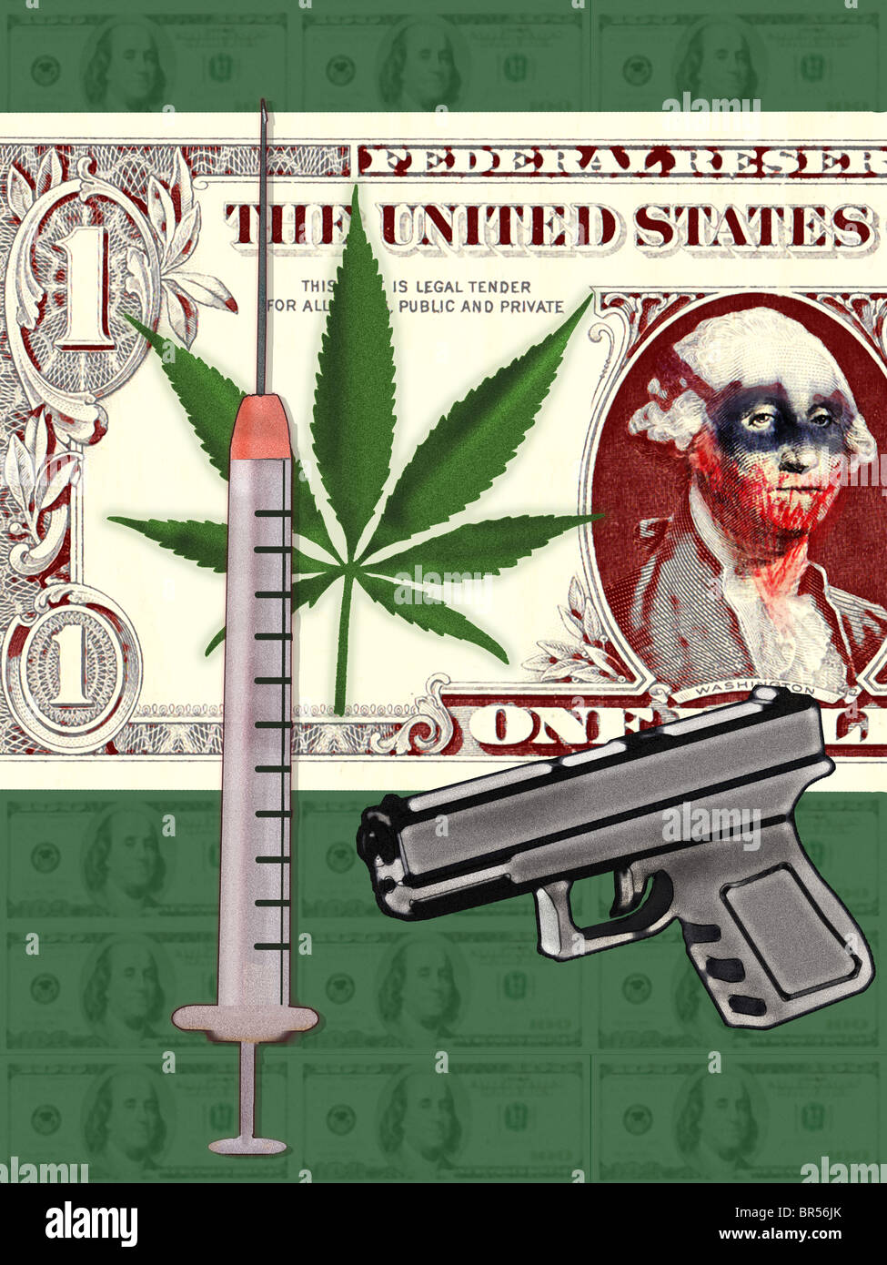 Collage of dollar bill, syringe, gun and cannabis Stock Photo - Alamy