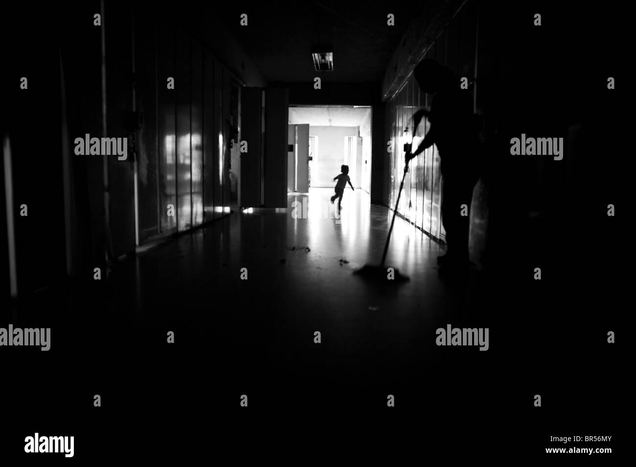A child plays in the hallway inside a prison in Mexico D.F. Stock Photo