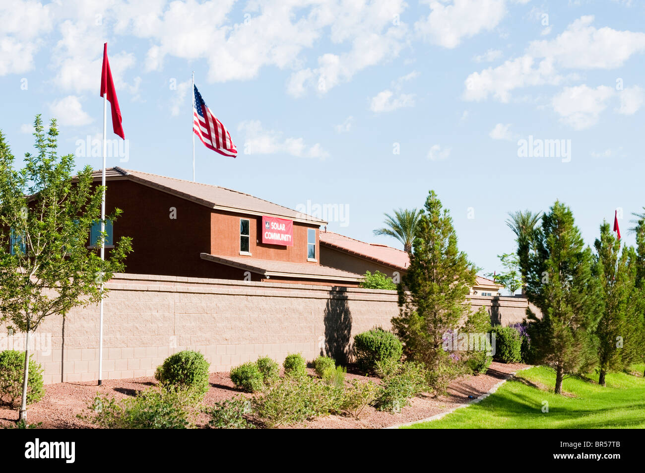 A new housing development advertises on their model home as a solar community. Stock Photo