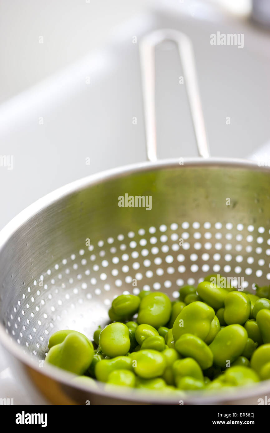 Broad Beans Draining in Colander Stock Photo