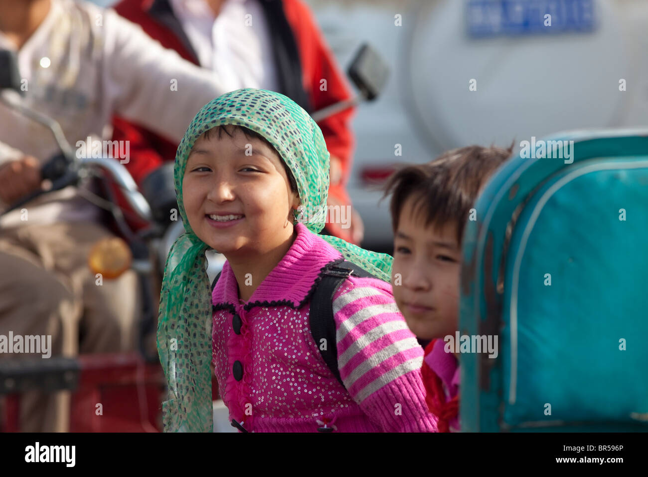 Young girls smiling in Hotan Xinjiang China. Stock Photo