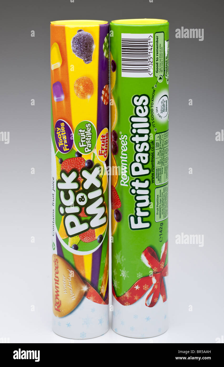 Two tall tubes of Rowntrees Pick and Mix sweets and fruit pastilles Stock Photo