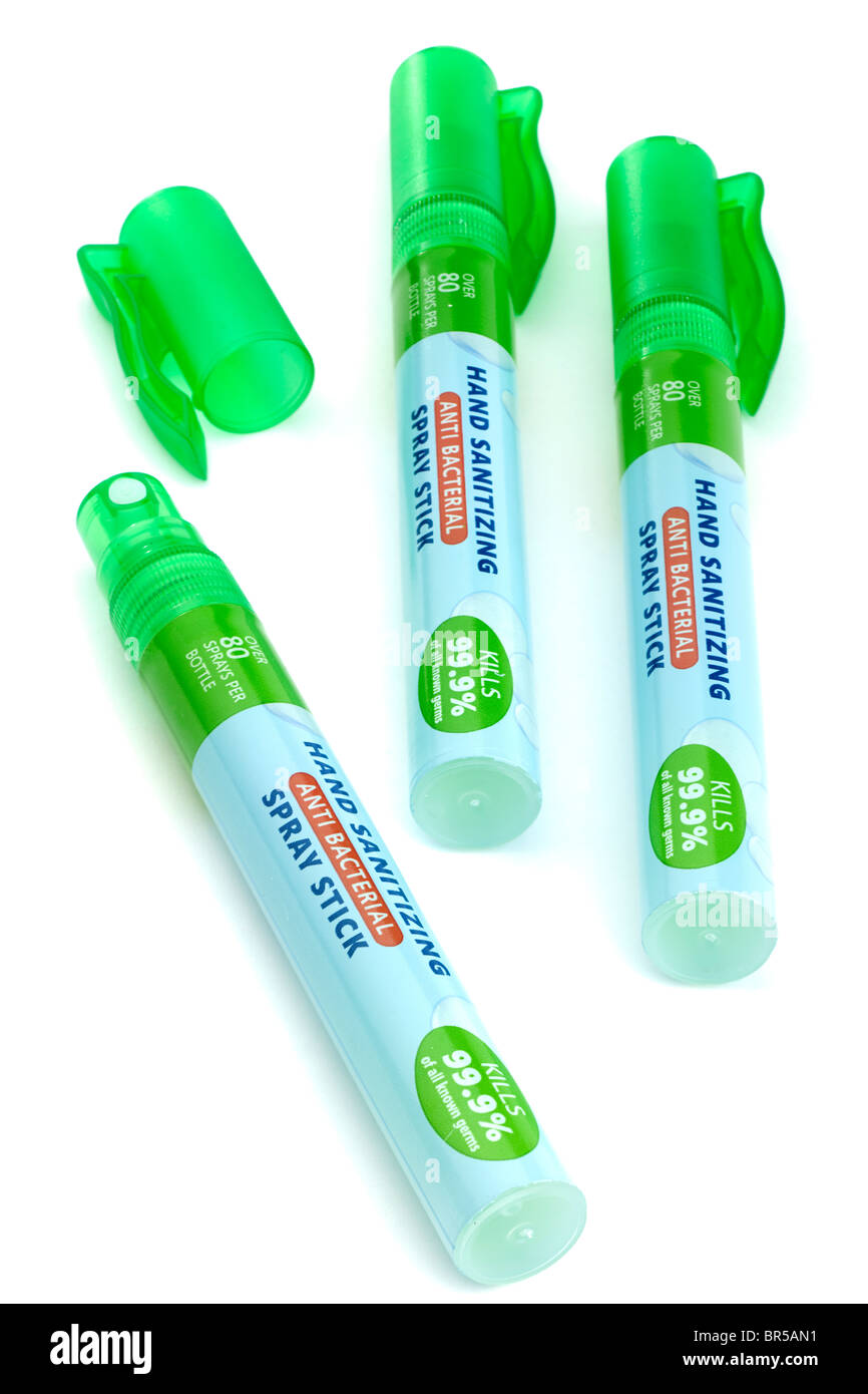 Three 10ml Medi Wash anti bacterial hand sanitizing spray sticks Stock Photo