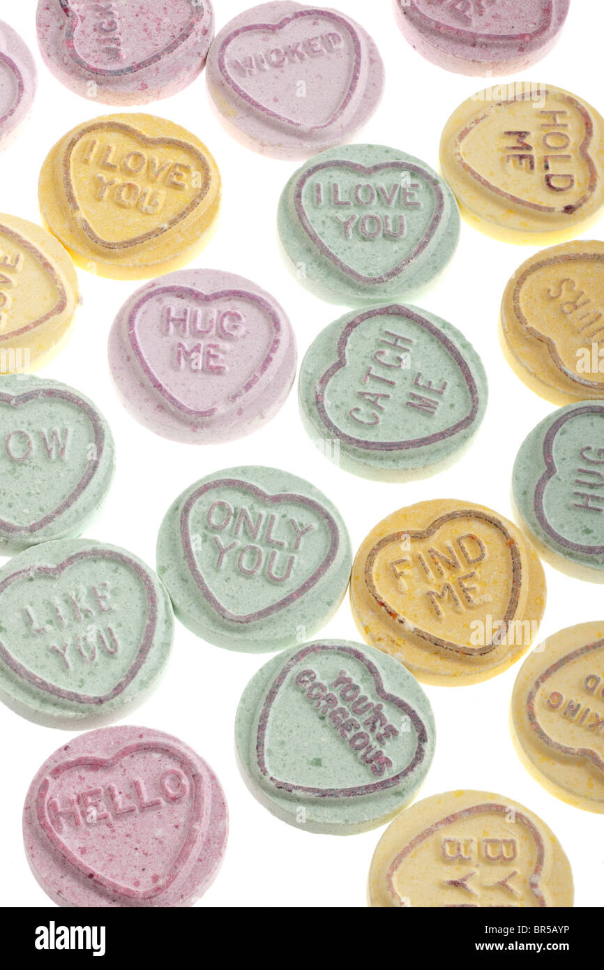 Pile of love hearts sweets Stock Photo