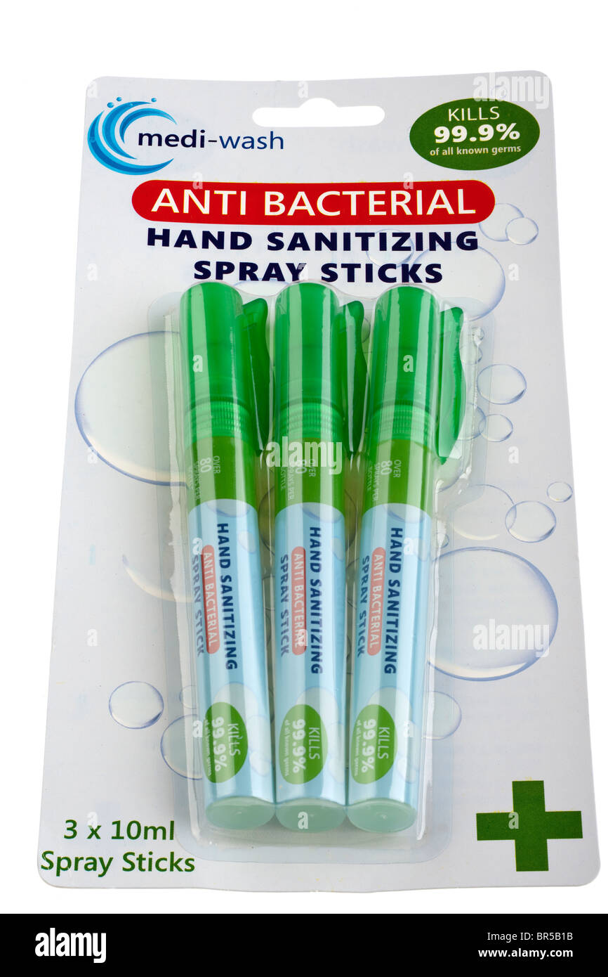 Packet of three 10ml Medi Wash anti bacterial hand sanitizing spray sticks Stock Photo
