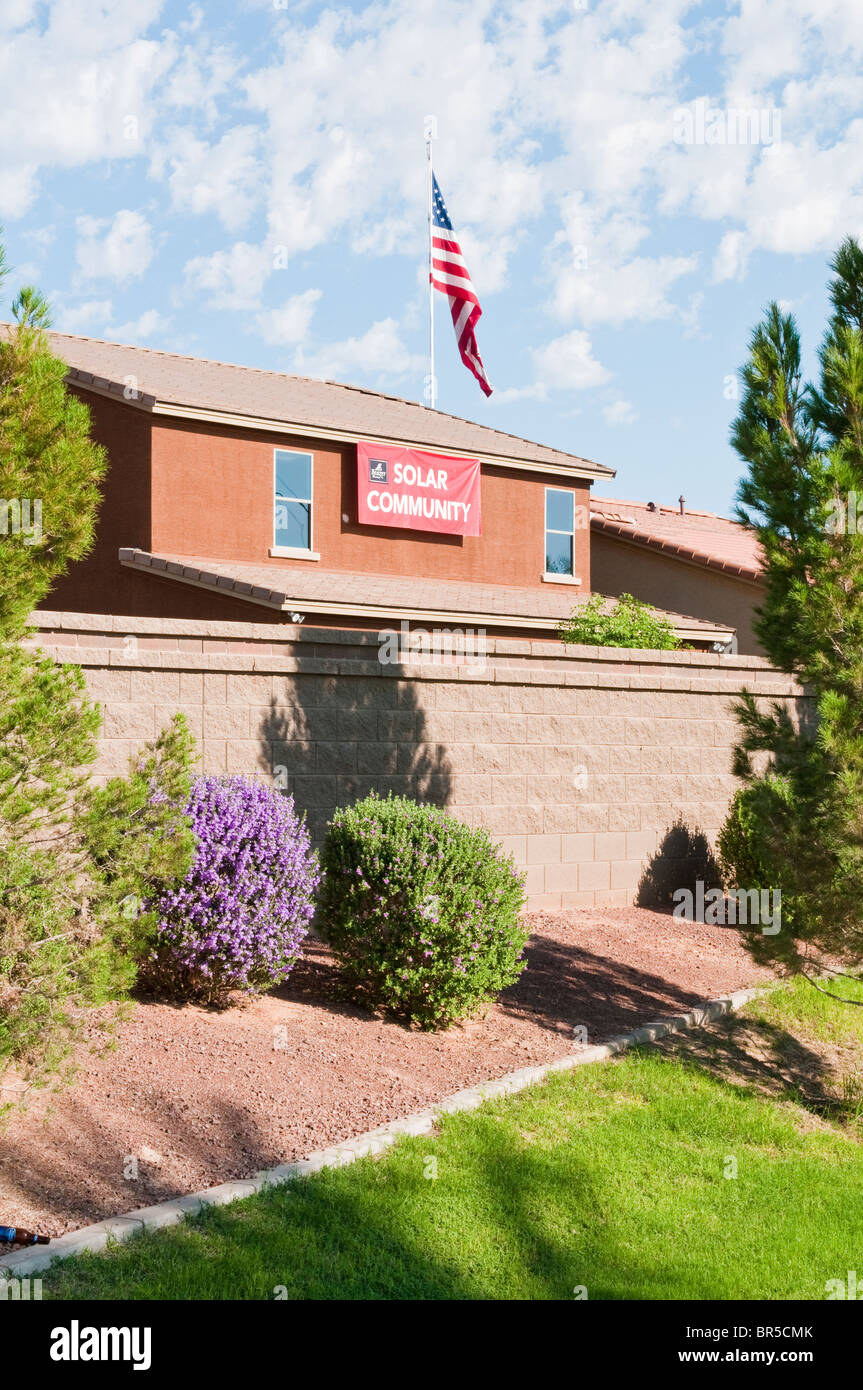 A new housing development advertises on their model home as a solar community. Stock Photo