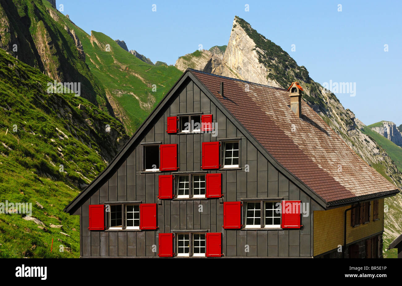 Backside of the mountain inn Mesmer, Weissbad, Alpstein mountain range, canton of Appenzell Innerrhoden, Switzerland Stock Photo