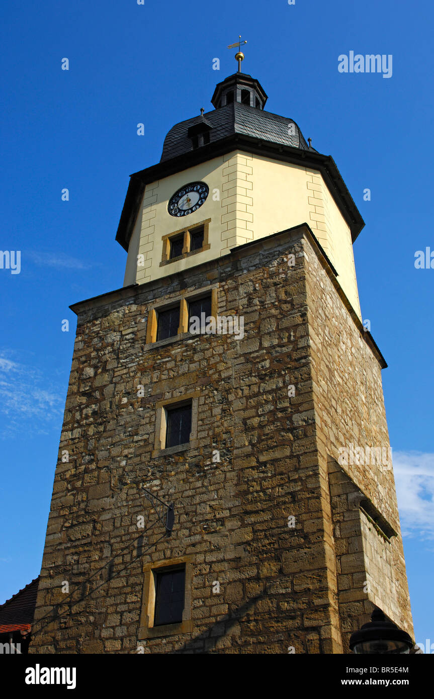 Riedturm Tower rising above the medieval town gate at the Riedplatz Square, Arnstadt, Thuringia, Germany Stock Photo
