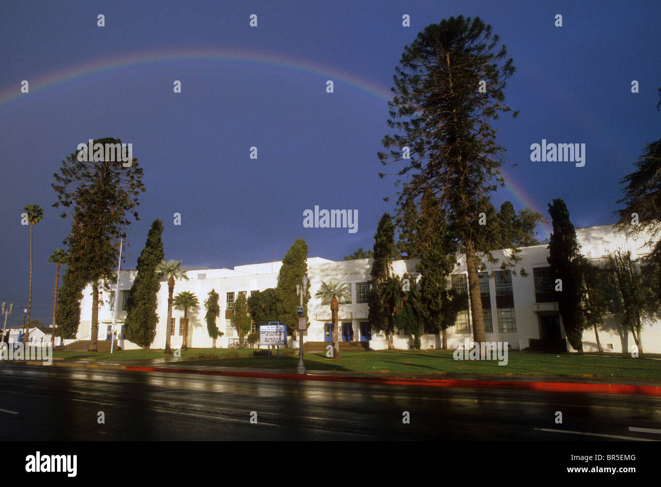 Anaheim High School rainbow rain wet street California USA storm weather Stock Photo Alamy