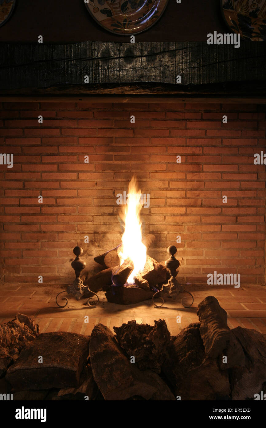 Wood burning in a fireplace Stock Photo - Alamy