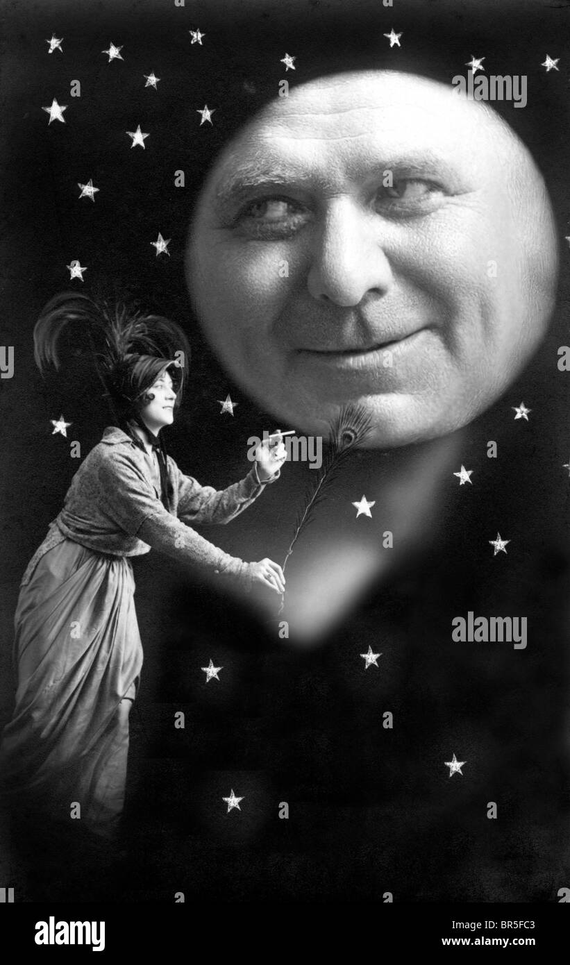 Historic photograph, woman and the moon, around 1919 Stock Photo
