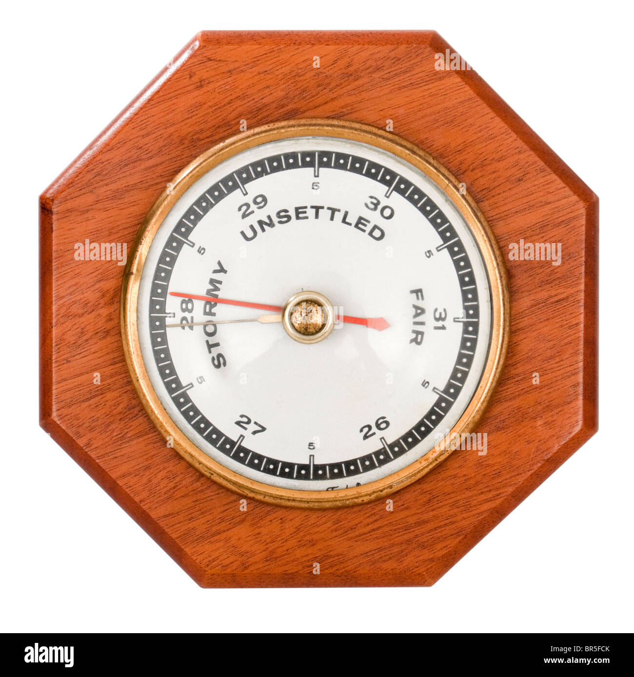 Vintage wooden barometer indicating stormy weather Stock Photo