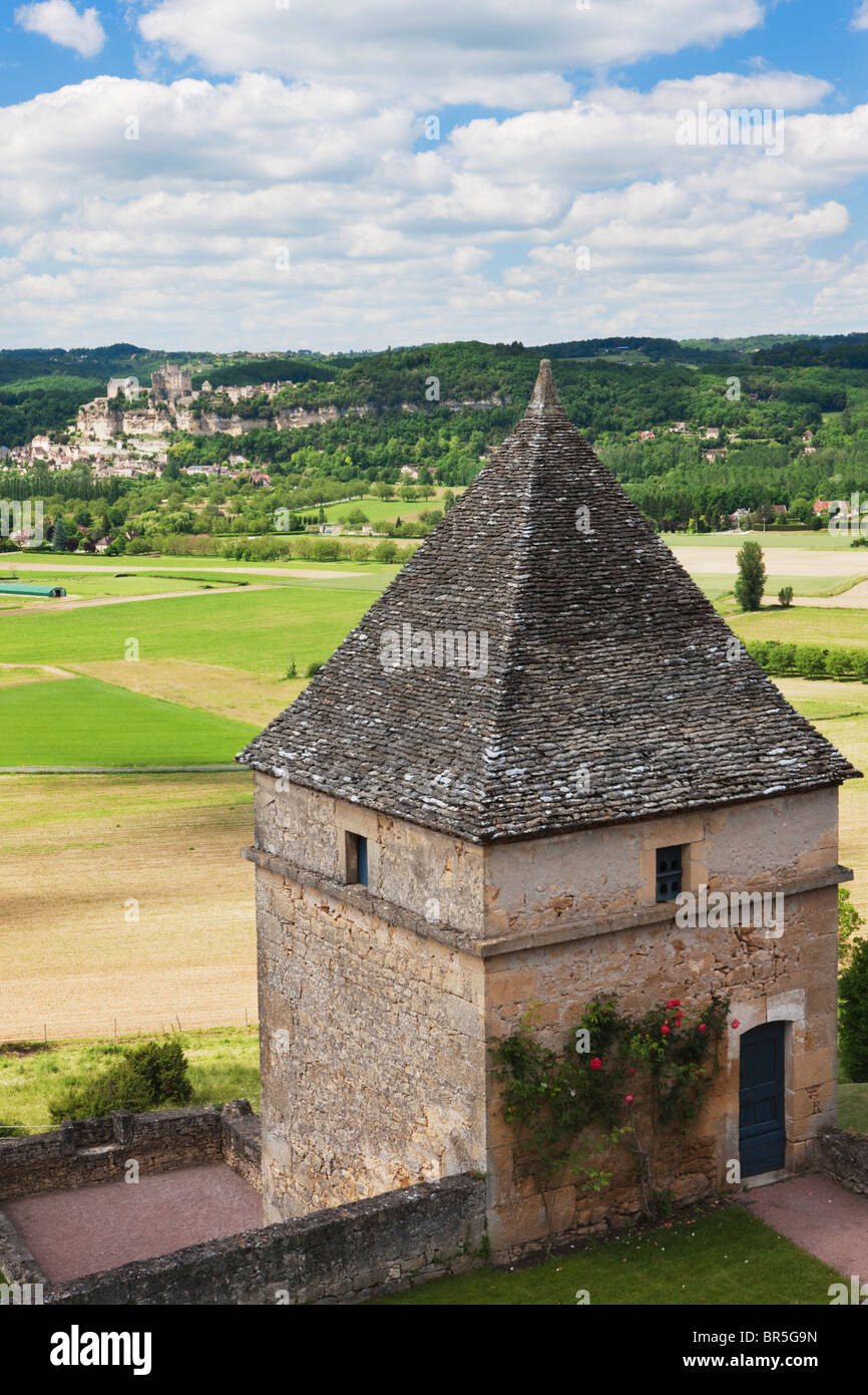 View across Dordogne to Beynac from Marqueyssac; Dordogne; France Stock Photo