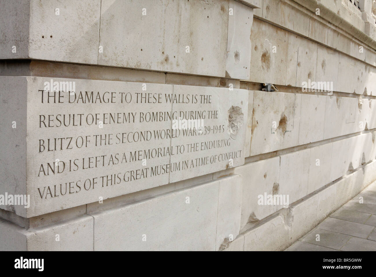 Detail of the Blitz damaged wall memorial of the Victoria and Albert Museum, London, UK Stock Photo