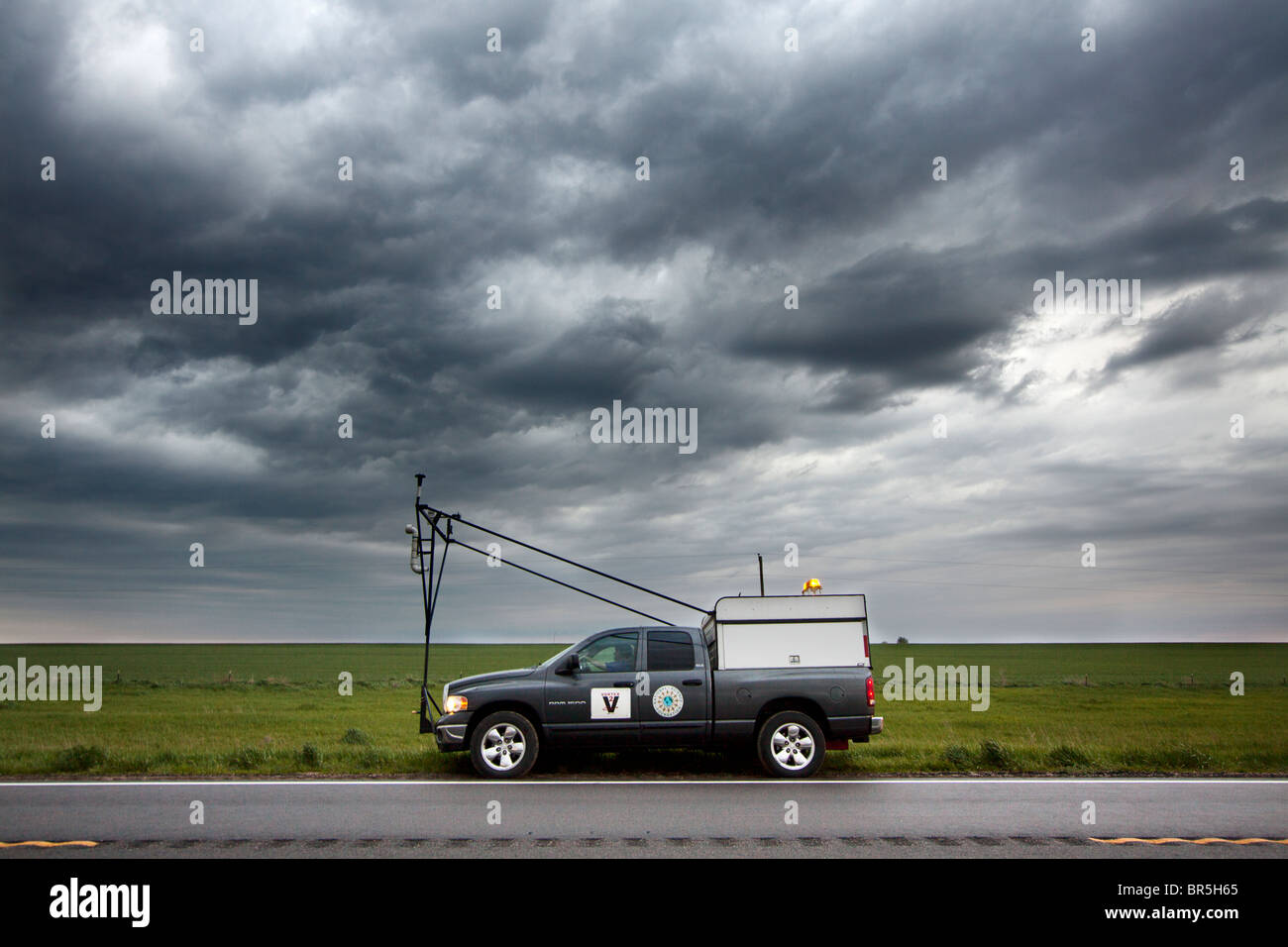 Storm chasers inside a truck participate in Project Vortex 2 Stock Photo
