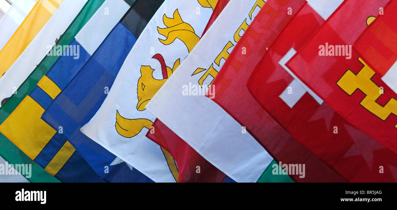 Flags of all the 26 Swiss cantons on display on the Federal Parliament 'Bundeshaus' in Bern, Switzerland. Stock Photo