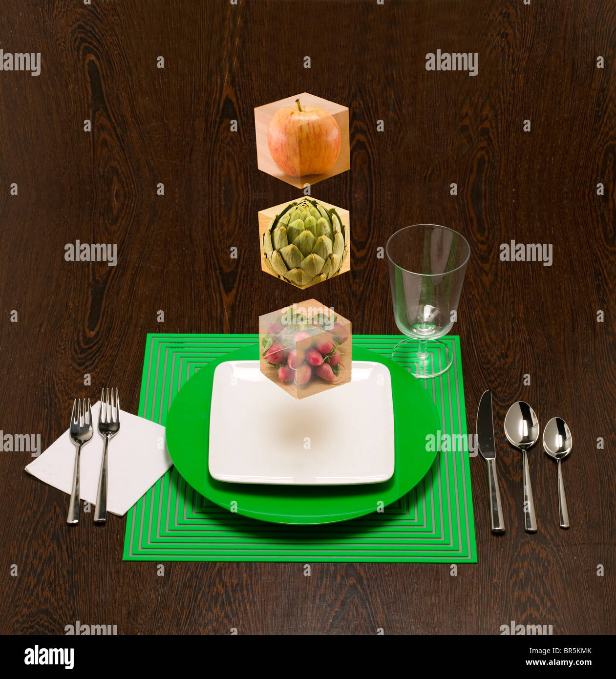 floating food blocks to show the building blocks of your diet. Stock Photo