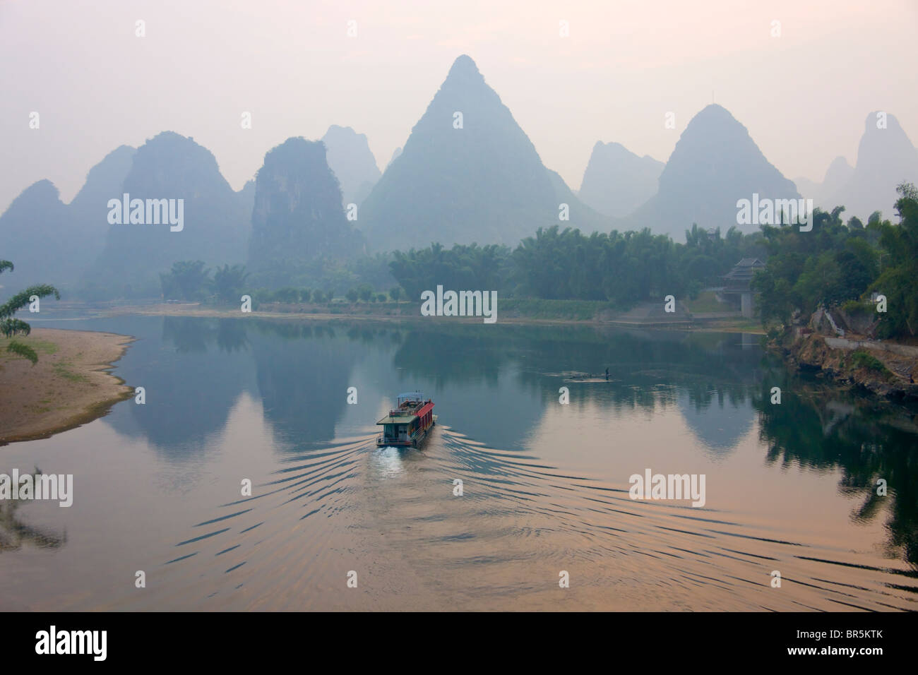Boat on Li River, Yangshuo, Guangxi, China Stock Photo