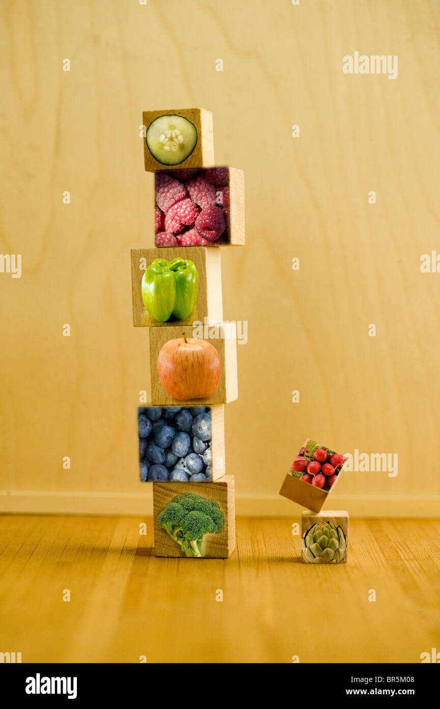 floating food blocks to show the building blocks of your diet Stock