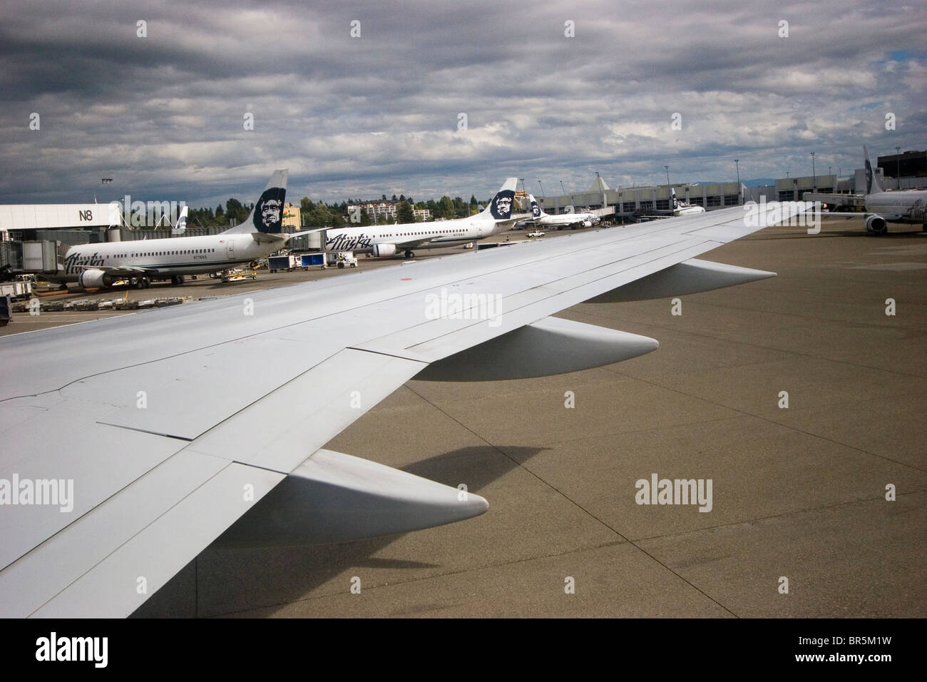 Airport tarmac, apron, with several Alaska Airlines airplanes above airplane wing of another aircraft, Seattle Washington Stock Photo