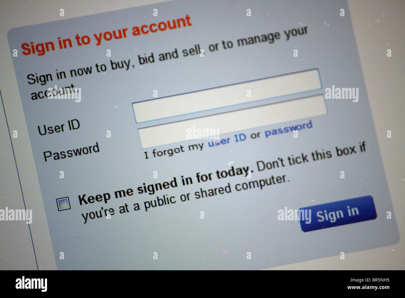 The sign in account web page for the eBay online auction website on the internet. Stock Photo