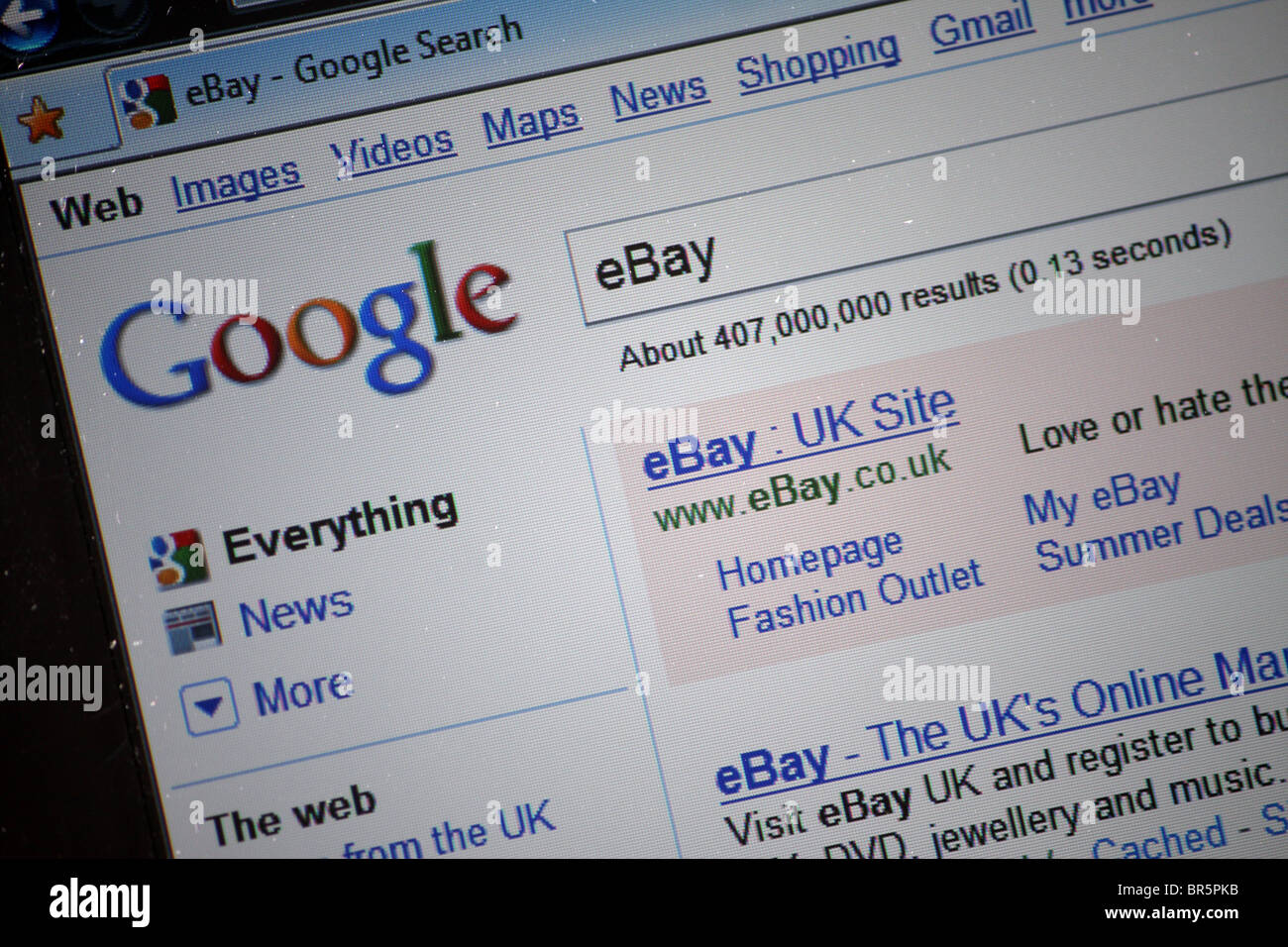 Searching the internet in Googles search engine for the eBay auction shopping website; as displayed in the results Stock Photo
